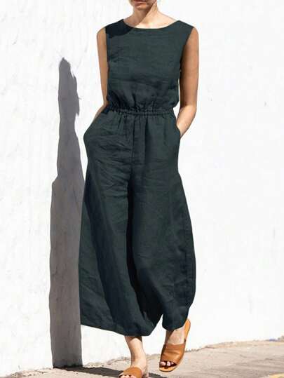 INAWLY Solid Slant Pocket Wide Leg Jumpsuit For Summer