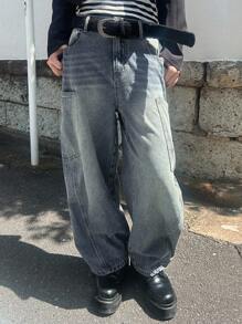 FRIFUL 女士时尚休闲水洗宽松牛仔裤 - 藍色 - 查看 5