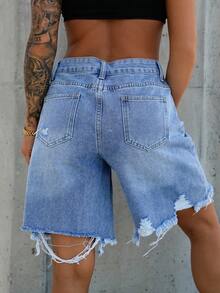 SAYEHFBABY Women's Front Button Pocket Distressed Simple Casual Denim Shorts, Tall Women - Blue - View 2