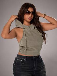 Flirla Casual Fashion Backless Tie-Up Hooded Sleeveless Plus Size Denim Jacket - Army Green - View 6