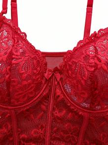 SHEIN 2pcs Lace Contrast Mesh Ruffle Hem Slit Steel Hoop Long Skirt Sleepwear+Thong Set - Burgundy - View 8