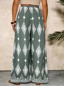 SHEIN VCAY Grüne bedruckte Weite Hose mit Taschen in Große Größen, Boho-Stil Urlaubshose für Frauen, Weite Sommerhose, Bedruckte Weite Hose, Weite Baggy Hose, Weite Hose für Frauen, Strandmode Frauen, Ibiza - Grün - Übersicht 2