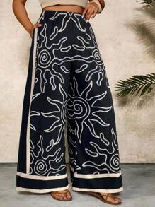 SHEIN VCAY Pantalon large à imprimé floral croquis noir et blanc avec poches et taille élastique pour femmes grandes tailles. Pantalon large femme, pantalon bohème pour femme, pantalon large imprimé, pantalon imprimé soleil, pantalon ample, pantalon large femme, tenue de plage et de resort pour femme, pantalon bohème Ibiza - Noir et Blanc - Voir 4