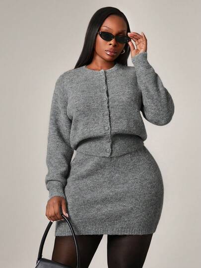 Radiana Plus Size Women's Fall & Winter,Spring&Summer Elegant Plush Yarn 2pcs/Set With Round Neck Fitted Cardigan And Matching Skirt Two-Pieces Set,Suitable For High Street Style,Office Curve Skirt Set Grey 2 Piece Set,Suitable For Prom,Valentine's Day Slay Diva Dress Off Shoulder Dress Curve,Office New Years Eve Christmas ,Suitable For High Street Style,Urban,Sexy Office Siren Coquettish,Cruise Attire,Commuting,Business,Retro,Vintage,Party,Resort,Outing,Old Money,Richly Layered,Formal Event,Casul