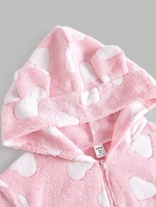 SHEIN 少女心形图案拉链前长袖连帽法兰绒连体裤，秋冬 - 粉色 - 查看 3
