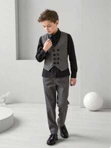 SHEIN Tween Boy 绅士 3 件套 - 双排扣背心 + 黑色衬衫 + 长裤，生日派对、典礼、婚礼、情人节的正式服装 - 灰色 - 查看 1