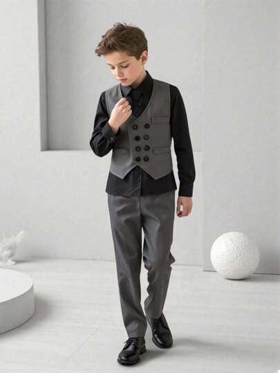 SHEIN Tween Boy 绅士 3 件套 - 双排扣背心 + 黑色衬衫 + 长裤，生日派对、典礼、婚礼、情人节的正式服装