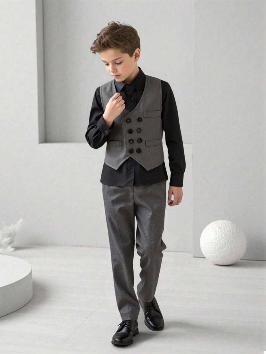 SHEIN Tween Boy 绅士 3 件套 - 双排扣背心 + 黑色衬衫 + 长裤,生日派对、典礼、婚礼、情人节的正式服装 - 灰色 - 查看 1