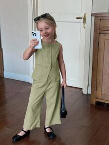 SHEIN 年轻女孩通勤休闲纯色梭织无袖圆领上衣和直筒裤套装，法式 - 綠色 - 查看 3