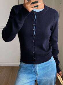 DAZY Áo len dệt kim cổ tròn tay dài 2 trong 1 chắp vá dành cho nữ, mặc dạo phố, mùa thu/đông - Màu xanh hải quân - Xem 4