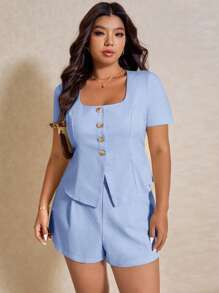 Elaquor Plus Size Summer Casual Solid Color Shirt & Shorts 2 Pieces Set - Baby Blue - View 2