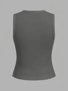 SHEIN BASICS Women's Casual Solid Color Knit Crew Neck Sleeveless Fitted Open Front Top - Dark Grey - View 2