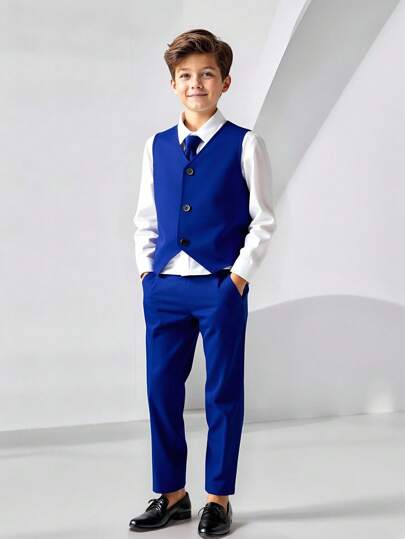 SHEIN Set de 2 piezas para niño preadolescente estilo caballero: chaleco sin mangas y pantalones, conjunto elegante y formal para fiestas de cumpleaños, ceremonias, bodas, bautizos, aniversarios