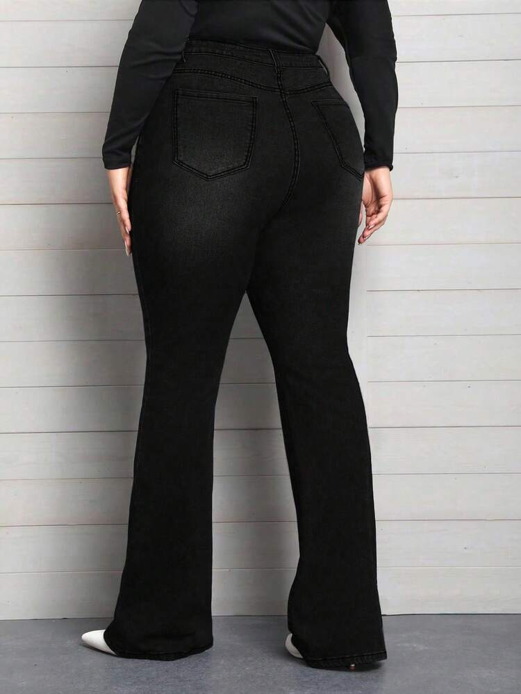 EMERY ROSE 冬季加大码女式口袋保暖弹力喇叭牛仔裤 - 黑色 - 查看 2