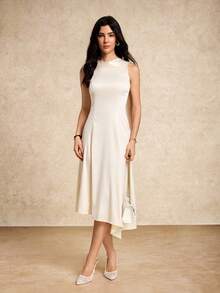 House of One Sleeveless Asymmetrical Cape Scarf Satin Dress Women Elegant Casual Summer Autumn White Midi Dress White Satin Dress White Dress For Women