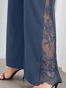 Firerie Plus Size High Waist Wide Leg Pants With Lace Panel And Side Slit, Elegant For Commute And Daily Wear, Spring/Summer