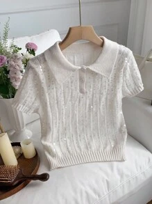Comfortcana Maglietta casual a maniche corte in maglia con colletto polo e paillettes di colore unito per donna - Albicocca - Visualizzare 6