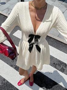 Chiquease Robe courte décontractée et élégante pour femmes, col V profond, texture nouée, manches longues. Vêtement d'automne pour femmes