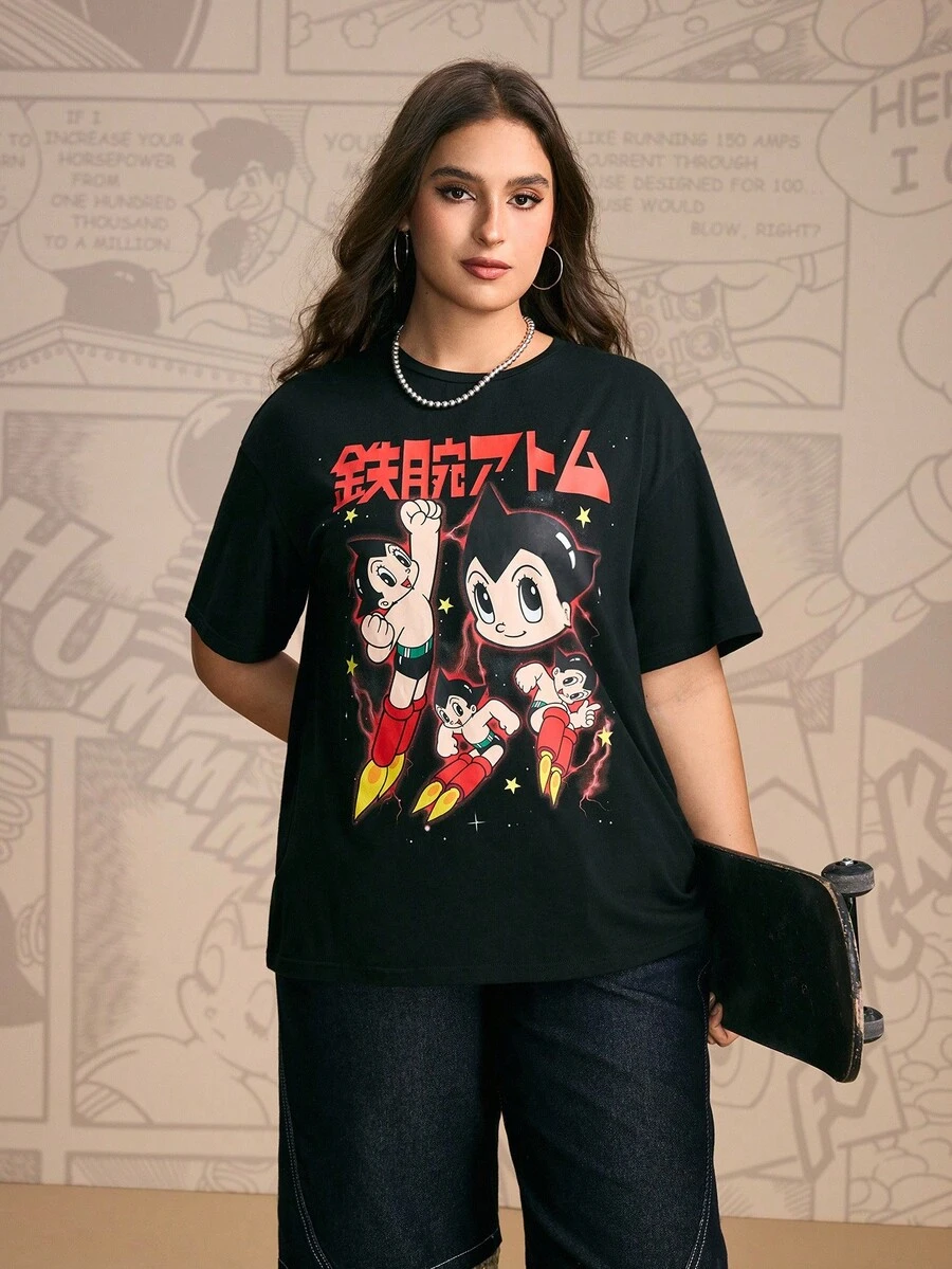 Astro Boy X SHEIN Camiseta holgada de manga caída con estampado de dibujos animados y japonés para mujer de talla grande, casual de verano - Negro - Ver 1
