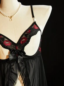 SpicyHot 2pcs Women's Sexy Lace & Mesh Nightgown Set, Going Out - Black - View 9