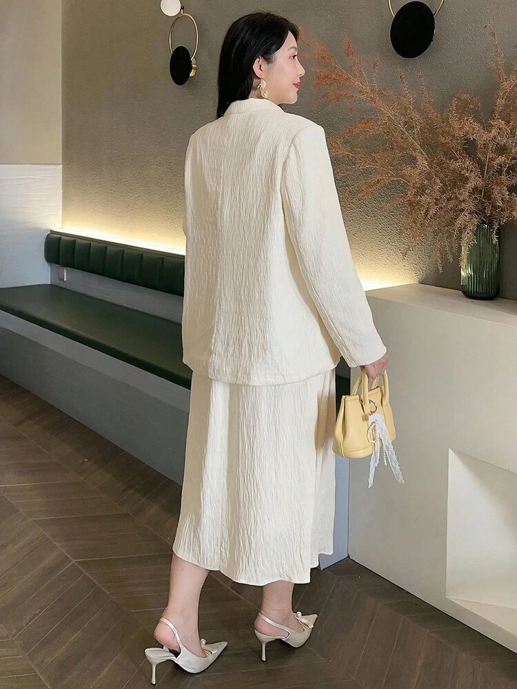 Dazy Plus Textured Fabric Wrap Dress & Blazer Two Pieces Set, White, Business Casual Plus Size Women