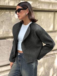 Aloruh Women's Elegant New Arrival Gray Lapel Short Coat, For Fall & Winter,Casual,Long Sleeve Jackets Women Autumn/Winter Coat - Grey - View 1