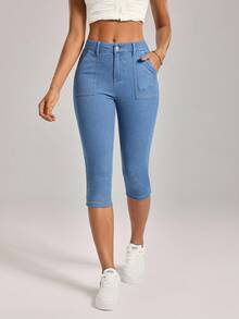 SHEIN Tall 女士休闲水洗修身七分牛仔裤 - 淺色水洗藍 - 查看 5