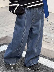 SHEIN 男童宽松版型藏蓝色保暖牛仔裤，适合秋冬季穿着 - 深色水洗藍 - 查看 8