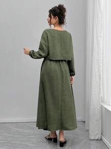 Momance 2 件孕妇套装：宽松船领长袖上衣和 A 字腰抽绳裙 - 綠色 - 查看 2