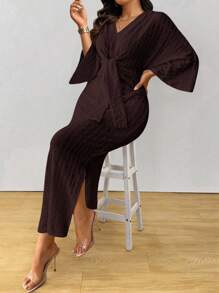 DreamSkyne Plus Size Women's Jacquard Long Split Hem 3/4 Sleeve Dress - Brown - View 6