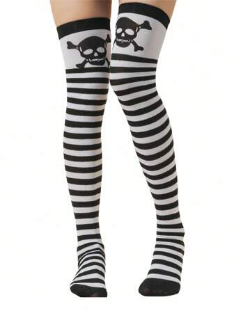 Grunge Punk Gothic Style Black & White Striped Skull Print Thigh High Socks, Y2K Punk Street-Wear Fashion, Suitable For Parties, Gatherings, Social Events, Halloween