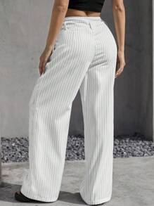 SHEIN EZwear Quần ống rộng kẻ sọc thường ngày cỡ lớn dành cho người đi làm - trắng - Xem 2