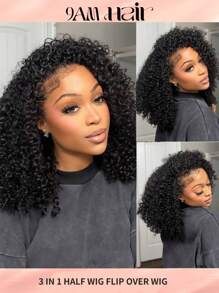 三合一半假发 无缝卷发翻转假发 无胶无蕾丝 真人发质假发 150% 密度 12-26 英寸 自然色 黑色 自然发际线 适合初学者 机器制造 价格实惠的女士卷发假发 - Natural Black - 查看 1