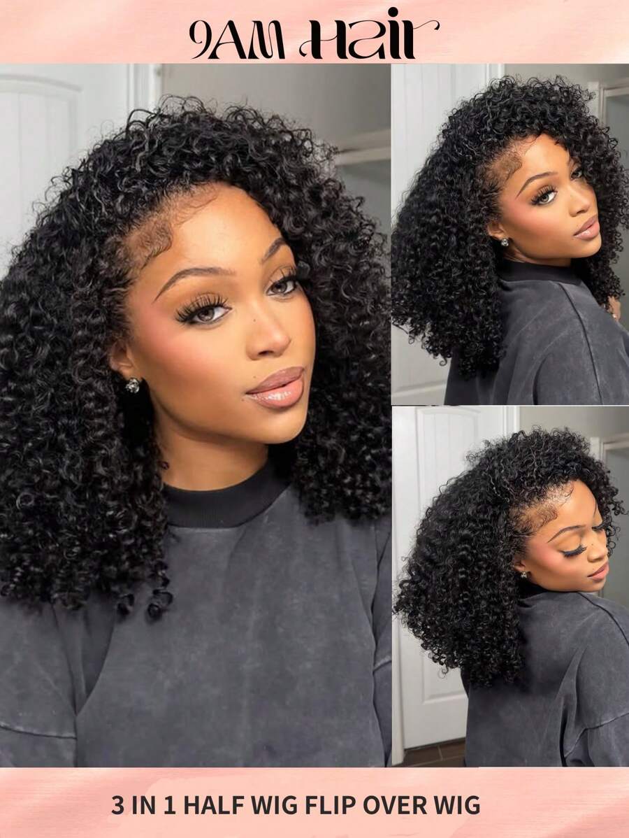 三合一半假发 无缝卷发翻转假发 无胶无蕾丝 真人发质假发 150% 密度 12-26 英寸 自然色 黑色 自然发际线 适合初学者 机器制造 价格实惠的女士卷发假发 - Natural Black - 查看 1