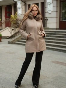 Anewsta Women's Waist Drawstring Hooded Jacket, Mid-Length - Khaki - View 7