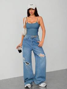 SHEIN PETITE Women's White Tight Round Neck Breathable Basic Camisole Women's Tops Braless Tank Tops - Dusty Blue - View 3