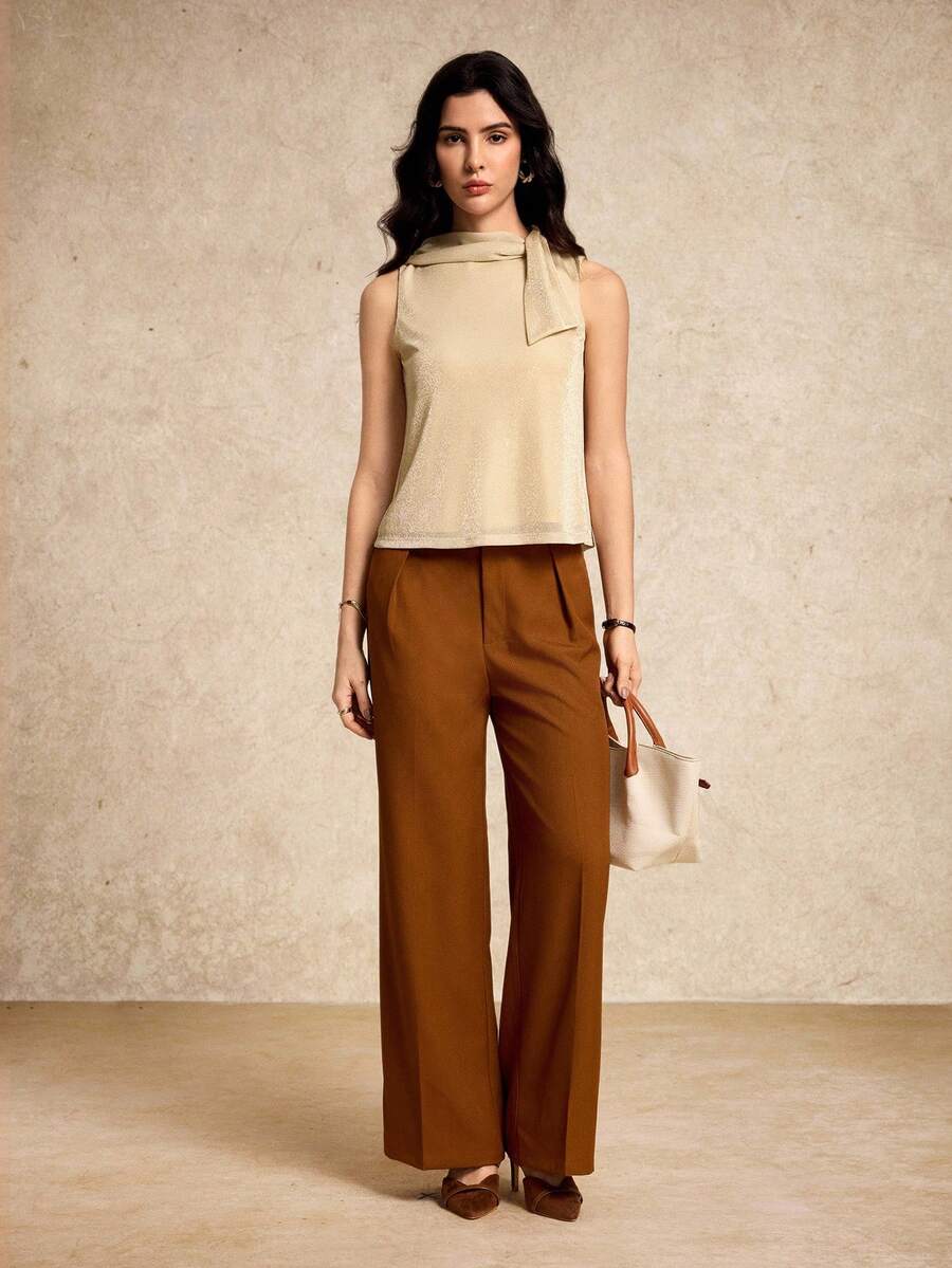 House of One Round Neck Sleeveless Chiffon Top With Train Tie Detail Women Elegant Casual Summer Autumn Tan Women Gold Top