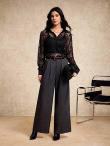 House of One Collared Long Sleeves Transparent Black Lace Shirt Top Women Casual Elegant Party Autumn Lace Blouse