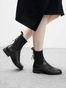 CUCCOO BIZCHIC 时尚英伦风女式后拉链靴，黑色针织弹力圆头平底厚底踝靴，圣诞节必备