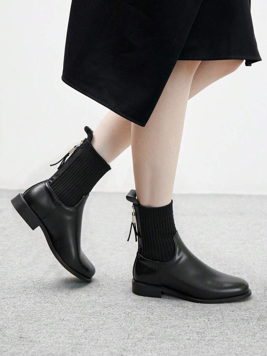 CUCCOO BIZCHIC 时尚英伦风女式后拉链靴，黑色针织弹力圆头平底厚底踝靴，圣诞节必备