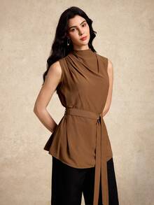 House of One Mock Beck Ruched Sleeves Top With Self Belt Tie Women Casual Summer Autumn Wear Brown Top Dark Brown Top Coffee Brown Top Chocolate Brown Top Top With Belt