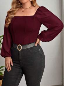 Firerie 加大方领灯笼袖上衣 - 酒紅色 - 查看 4