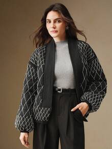 Anewsta Abrigo corto acolchado negro elegante para mujer con un exquisito ribete bordado con cuentas, adecuado para otoño, invierno, salir, formal, fiesta, elegante, Año Nuevo, Navidad, trabajo, graduación