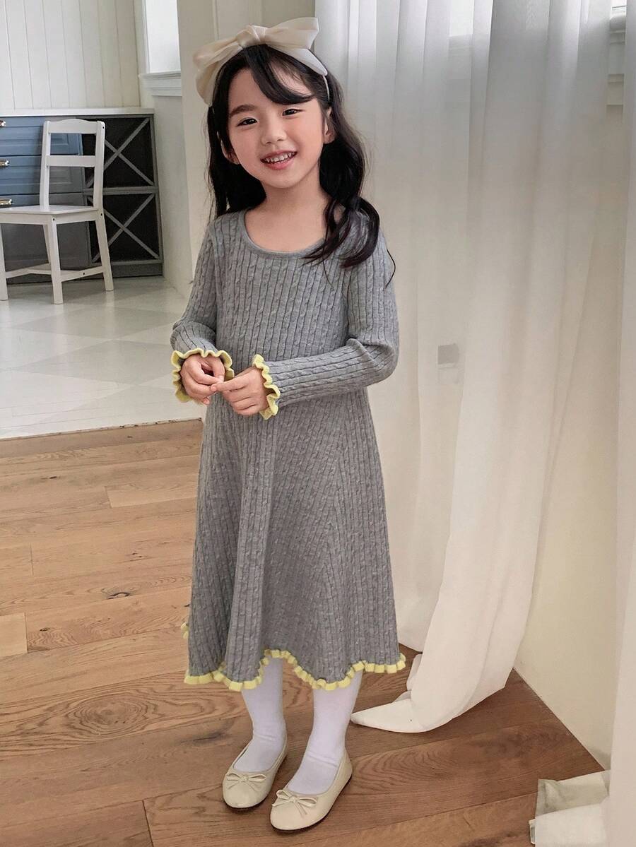 DAZY 女童圆领休闲针织中长连衣裙 - 灰色 - 查看 1