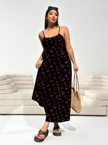 SHEIN EZwear Váy chữ A không tay hở lưng in họa tiết quả anh đào có dây buộc ở eo, eo có thể điều chỉnh, khóa kéo ẩn, váy mùa hè đa năng thường ngày cho người ngoại cỡ - Nhiều màu - Xem 6