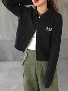 FRIFUL 女式数字刺绣长袖拉链休闲针织开衫夹克 - 黑色 - 查看 6