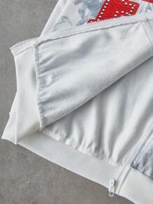 Manfinity EMRG 男士街头风INS风自由女神像“FREE”红色水钻装饰休闲保暖连帽衫，男友/老公礼物，周年纪念礼物，白色拉链连帽衫，红色水钻设计，水钻连帽衫，秋冬款 - 白色 - 查看 7