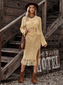 LanaWest 2pcs Women Solid Color Hollow Out Fringe Bohemian Style Sweater Set Fall Winter Cloth For Women