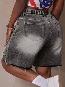 Slaydiva Plus Size Women Distressed Denim Shorts With Pockets And Rhinestone Decor - Dark Grey - View 3