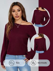 EURMUSE Pullover med sneda axlar och pit randig damtröja - Bourgogne - Visa 3